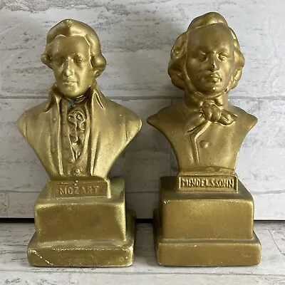 2 Composers Mini Bust Statue 6 Inch Mozart & Mendelssohn Painted Gold VTG • $16.99