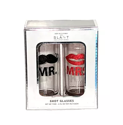 Mr. Mrs. Novelty Shot Glasses Black Mustache Red Lips Glitter Clear 4  Set Of 2 • $7.95