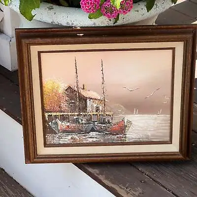 Vintage Original Oil Painting Fall Fishing Boats DockSide • $58