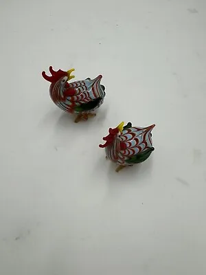 Vintage Colorful Murano Style Blown Art Glass Rooster Chicken Lennox Lot Of 2 • $29.99