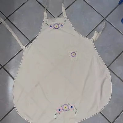 Vintage Handmade Bib Apron Ecru With Embroidery Flowers Primitive Cotton Small • $15