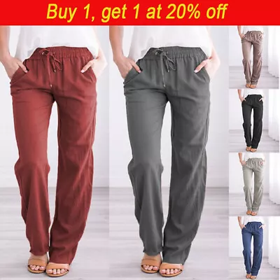 Women Plain Trousers Cotton Linen Pants Ladies Casual Elastic Waist Bottoms • £8.95