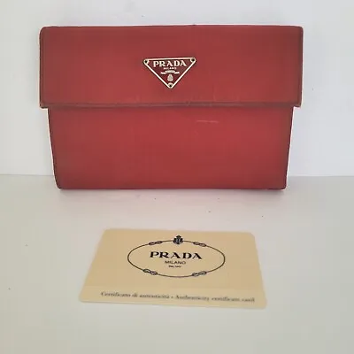 PRADA Vintage Tessuto Red Nylon Leather Logo Plate Wallet Medium Trifold Unisex  • $95