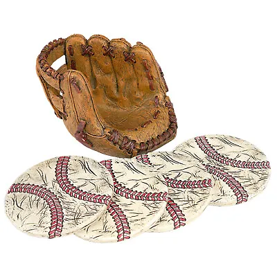 Baseball Coasters Set: Includes 4 Baseball Ceramic Coasters & Glove Holder • $24.95