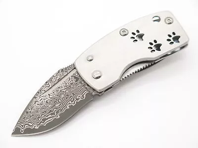 G. Sakai Seki Japan Paw Print Damascus Skull Money Clip Folding Pocket Knife • $68.95