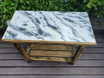 Marble Look Heat Resistant Resin Topped Coffee Table With Distressed Pine Base. • $110