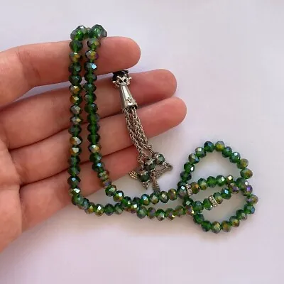 Green Crystal Silver Plated Muslim Prayer Beads 99 Islamic Rosary Special Gift • $0.99