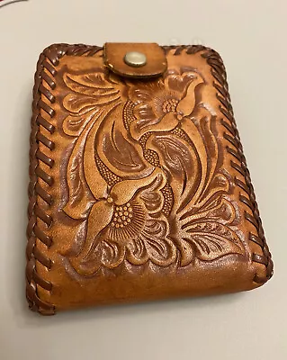 Vintage Mens MEXICAN Hand Tooled Leather Bifold Wallet Brown Tone Floral Aztec • $29