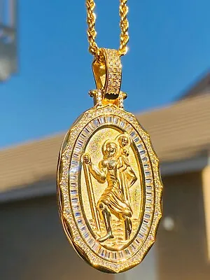 Saint Christopher Men Women Italy 925 Silver 14k Gold Finish Stamp Pendant Chain • $51.99