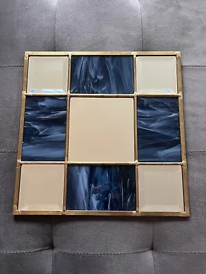 Vintage Blue Stained Glass Panel Brass Square Wall Mirror 11 X 11 • $19