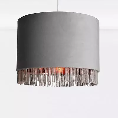 Grey Velvet Tassel & Copper Inner Easy Fit Ceiling Light Shade Lampshade Pendant • £18.50