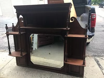 C1890 Quartersawn Oak Bar Back Beveled Mirror Shelf Original Finish 59 H X 68  W • $1495