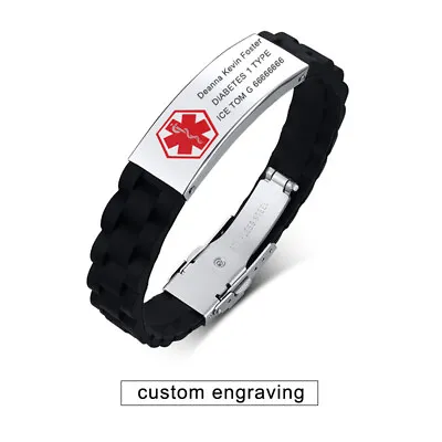 Emergency Silicone Band Medical Alert ID Men Bracelet Cuff Custom Free Engraving • $4.99