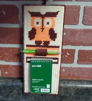 Vintage CrossStitch Owl Pen & NotePad Holder; 60s Vibes; Orange Brown Green! • $12