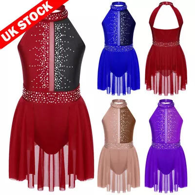 UK Girl Mock Neck Rhinestone Lyrical Dance Dress Ballet Dance Leotard Wrap Skirt • £16.41