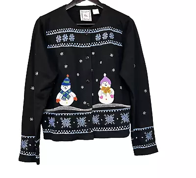 Michael Simon Women’s Christmas Snowman Cardigan Sweater Size Large Blue White • $46.17