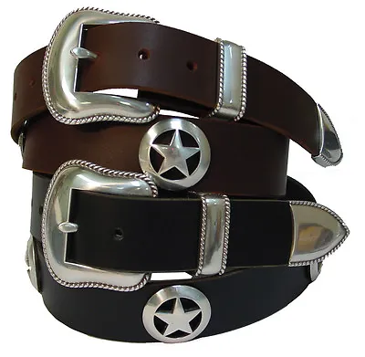 Marshall Star Men's Full Grain Leather Jean Belt Western Sheriff Star Conchos • $49.95