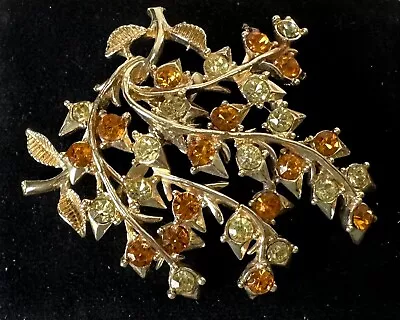 Signed CORO Gold Tone Orange Rhinestone Leaf Floral Vintage Brooch Jewelry Lot Z • $5.50