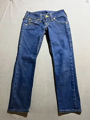 True Religion Jeans Girls 24x23 Blue Denim Belted Pocketed Zip Made USA Kids. • $18.80