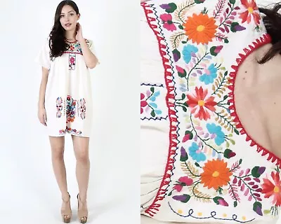 Off White Embroidered Mexican Dress Bright Floral Traditional Fiesta Cotton Mini • $46.55