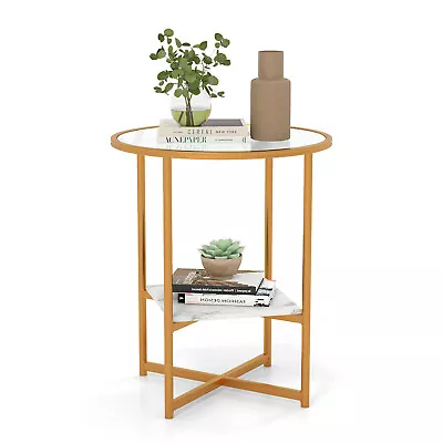 Glass End Table 2-Tier Round Side Table Bedroom Metal Frame Compact Nightstand • £34.95