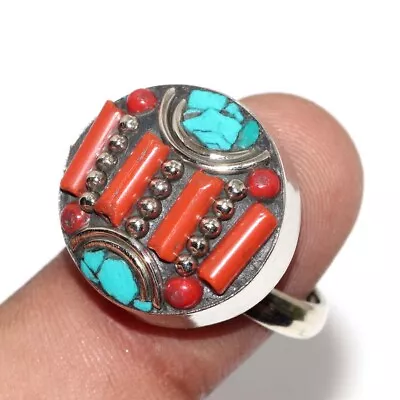 Tibetan Turquoise Red Coral Ethnic Tribal Ring Jewelry US Size-FreeSize JW • $3.99