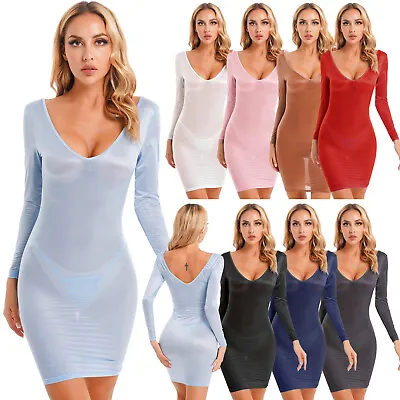 Womens 2Pcs Glossy Transparent Hip Dress U Back Long Sleeve Bandage Dress Briefs • $13.94