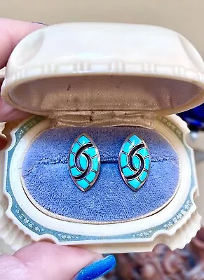 Vintage Native American Zuni Sterling Silver & Turquoise Inlay Earrings • $45