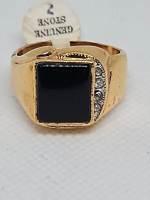 Vintage Estate 18KHGE Gold Plated Genuine Onyx Ring 4 CZs On Side SZ 12  • £55.88