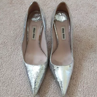 MIU MIU Women's Pointed Toe Silver Leather Heels Career Party Size 35 US 5M • $99.99