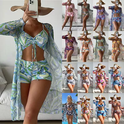 £5.99 • Buy 3Pcs Womens Prints Swimsuit Push Up Bra Shorts Long Sleeve Cardigan Bikini Set
