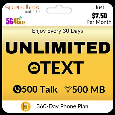 SpeedTalk SIM Card Unlimited Text 500 Talk & Data Prepaid Phone Plan $7.50/Mo. • $90