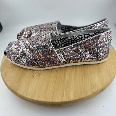 Toms Classics Bright Multi Glitter Womens Slip On Canvas Flat Shoes Sz 8.5 • $14.90