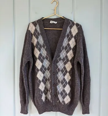 Vintage Mens Large 44 Cardigan Sweater Irish 100% New Wool Argyle Brown Grandpa • $69.99