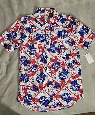 Size SM Mens Pabst Blue Ribbon Beer Button-Down Camp Shirt • $29.99