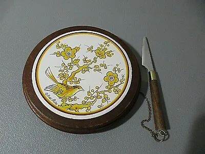 Vintage Fred Press Cheese Cutting Board With Knife W Yellow Bird & Flowers Japan • $10