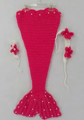 Knit Mermaid Tail Pink Blanket Toddler Size 27 Inch W Headband & Bracelet Beaded • £15.41