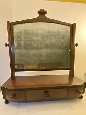 Large Antique Flame Mahogany Shaving Dressing Vanity Tabletop Mirror 3 Drawers • $249.95