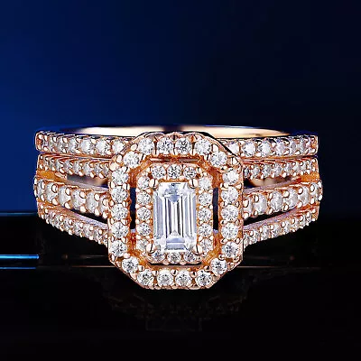 Vintage Rose Gold Finish Sterling Silver Halo Wedding Engagement Ring Set CZ • $38.99