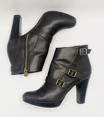 Simply Vera Ankle Booties Dark Brown Sz 6.5M High Heels Boots Jaeger Buckle Wang • £24.59