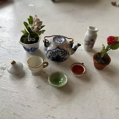 Lot Of Miniature Dollhouse Porcelain Teapot Teacups Bowl Vase 2 Flowerpots • $20