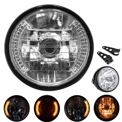 Universal 7  Motorcycle Headlight Amber LED Turn Signal Indicators H4 W/ Bracket • $20.99