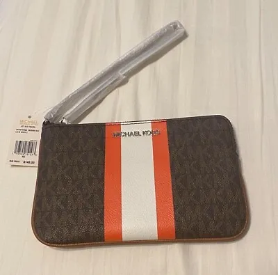 MICHAEL KORS Jet Set Travel Large Top Zip Logo Stripe Wristlet Tangerine NWT • $69