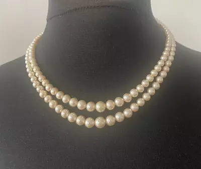 Vintage Double Strand Lotus Faux Graduated Pearl Necklace • £12