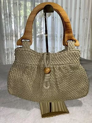 Vintage - Woven Bag - Tan With Wood Handles • $77