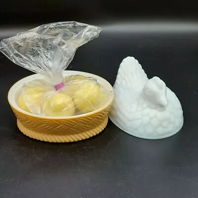 Avon Chicken Hen Soap Dish Nest With 4 Egg-Shaped Soaps Milk Glass • $12.98