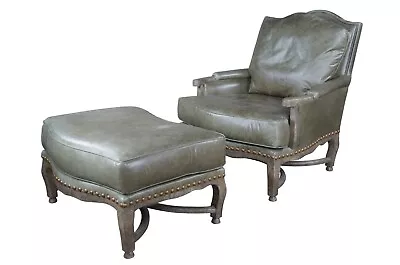 French Green Leather Bergere Library Club Chair & Ottoman Hammer Dakota Tuscan • $2160