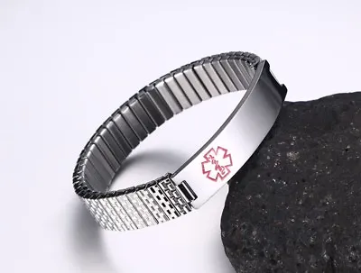 £8.27 • Buy Silver Stretch Women Medical Alert ID Cuff Bracelet Watch Customize Engraving