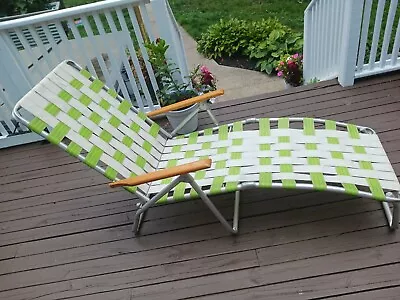 Vintage Green & White  Aluminum Webbed Chaise Tri-Fold Lawn Lounge Chair  • $41.99