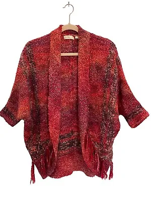 Anthropologie Sleeping On Snow Red Boucle Cocoon Fringe Cardigan Sweater XS • £25.94